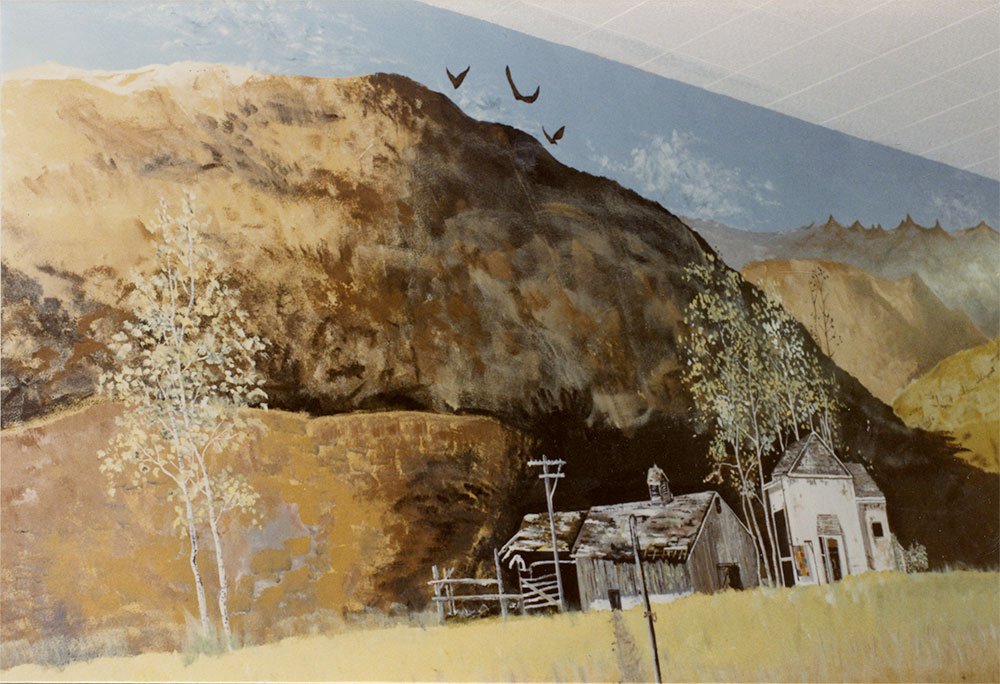 Detail - Country landscape by Nancy von Borstel and Cameron Kaseberg on the wall outside the cafeteria at Sherman Union High School, 1979. Photo by Cameron Kaseberg.