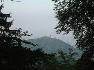 View of Auerbach castle from Melibokus mountain, Bergstrasse region, Hesse, Germany