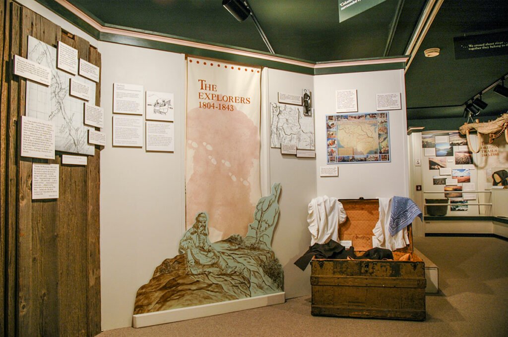 The Oregon Trails, Rails and Roads in Sherma County exhibit section banner and cutout.  Photo by Cameron Kaseberg.