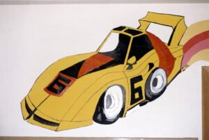 Race car mural on hallway wall outside of the cafeteria at the Sherman Union High School by Cameron Kaseberg and Wendy McDermid, 1980. Photo by Cameron Kaseberg.