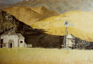 Detail - Country landscape by Nancy von Borstel and Cameron Kaseberg on the wall outside the cafeteria at Sherman Union High School, 1979. Photo by Cameron Kaseberg.