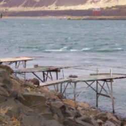 Photo of Native American fishing platforms at Preacher's Eddy near Rufus, Oregon.