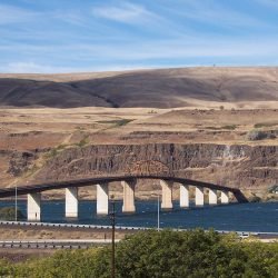 The Sam Hill Memorial Bridge at the intersections of Interstate 84 and Highway 97 at Biggs, Oregon. 