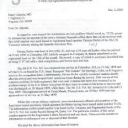 Letter regarding Thomas W. Butler's service in the Spanish-American War